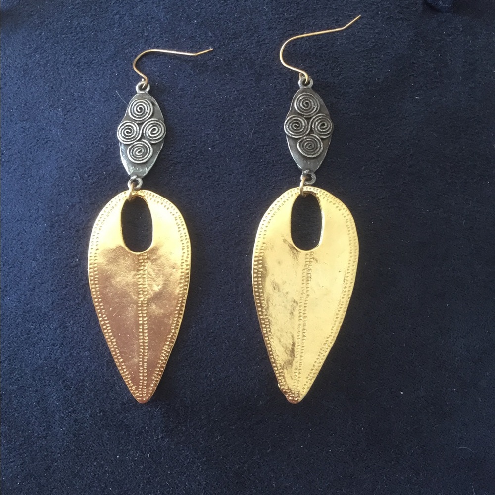 Mixed metal gold and silver long leaf drop earrings